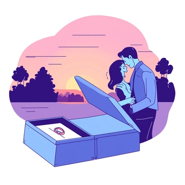 A romantic proposal scene with a ring being held out in a small velvet box