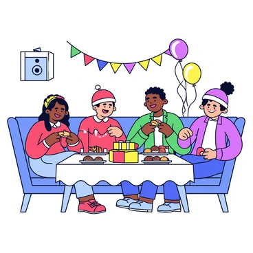 A family gathered together in a cozy living room, smiling and enjoying each other's company while celebrating a holiday. Colorful decorations in the form of streamers and balloons are adorning the walls. A table is set with a festive tablecloth, showcasing an array of traditional dishes and treats. In one corner, a small speaker is playing cheerful music, adding to the joyful atmosphere. The family members are engaged in traditional activities, such as playing games and exchanging gifts, all while wearing festive clothing.