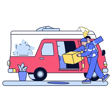 A delivery person wearing a blue uniform is transferring a large, cardboard package from the back of a delivery van. The van has a red and white color scheme, parked on a driveway. The customer’s doorstep features a welcome mat, and a potted plant is positioned nearby. The delivery person is reaching out with one hand to place the package on the ground while balancing themselves with the other hand on the van's door.
