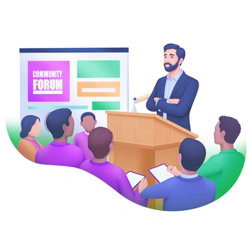 A confident attorney stands at a wooden podium, delivering a speech at a community event. The attorney is dressed in a tailored dark suit and a light blue shirt, with a focused expression on their face. Behind the podium, a colorful backdrop displays the words "Community Forum" in bold letters. The audience, consisting of diverse individuals, listens intently, with some taking notes. A spotlight illuminates the attorney, emphasizing their presence as they engage with the crowd.