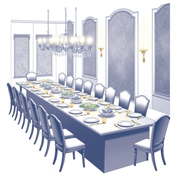 A grand banquet hall featuring a long, elegantly set dining table. The table is adorned with "gold-trimmed tableware", including ornate plates and intricate cutlery. Various "extravagant dishes" are displayed prominently, showcasing an array of beautifully presented food items, including lavish platters and decorative garnishes. Surrounding the table are "opulent chairs" upholstered in rich fabrics, and the atmosphere is enhanced by "chandeliers" hanging from the ceiling, casting soft light over the scene. "Rich tapestries" hang on the walls, adding to the overall sense of luxury and grandeur.