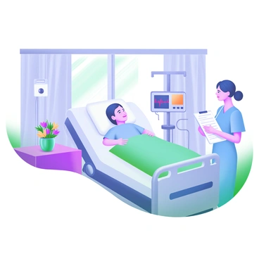 A hospital room featuring a patient sitting up in a hospital bed. The patient has a visible look of relief on their face, with a gentle smile. They are wearing a light blue hospital gown. The bed is surrounded by medical equipment, including an IV stand and a heart monitor displaying a stable heartbeat. Natural light streams through a window, casting soft shadows across the room. A medical staff member is nearby, offering reassurance, with a clipboard in hand. A small vase with fresh flowers is placed on the bedside table, adding a touch of color to the scene.