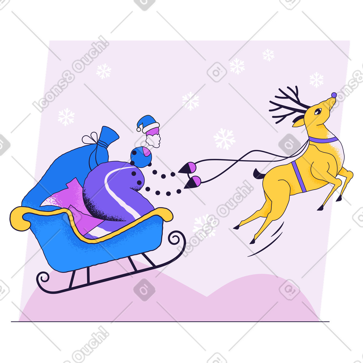 Santa's flying sleigh with bags of gifts and reindeer, Winter celebration gift delivery illustrazione in stile Conifer scarica in PNG, SVG