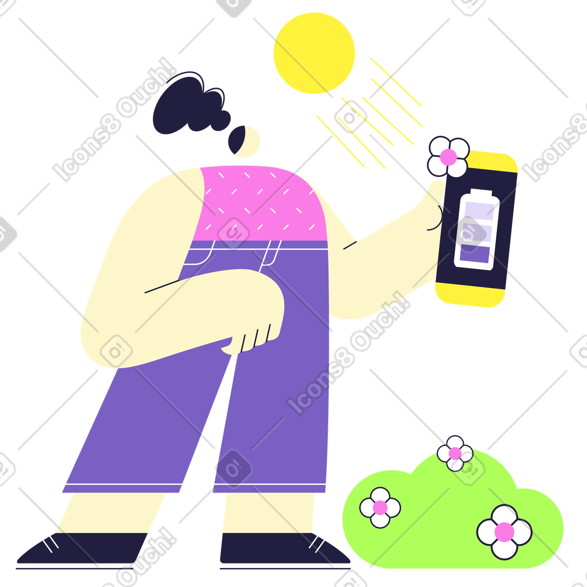 Woman using solar energy to charge phone illustration in Mellow style download in PNG, SVG