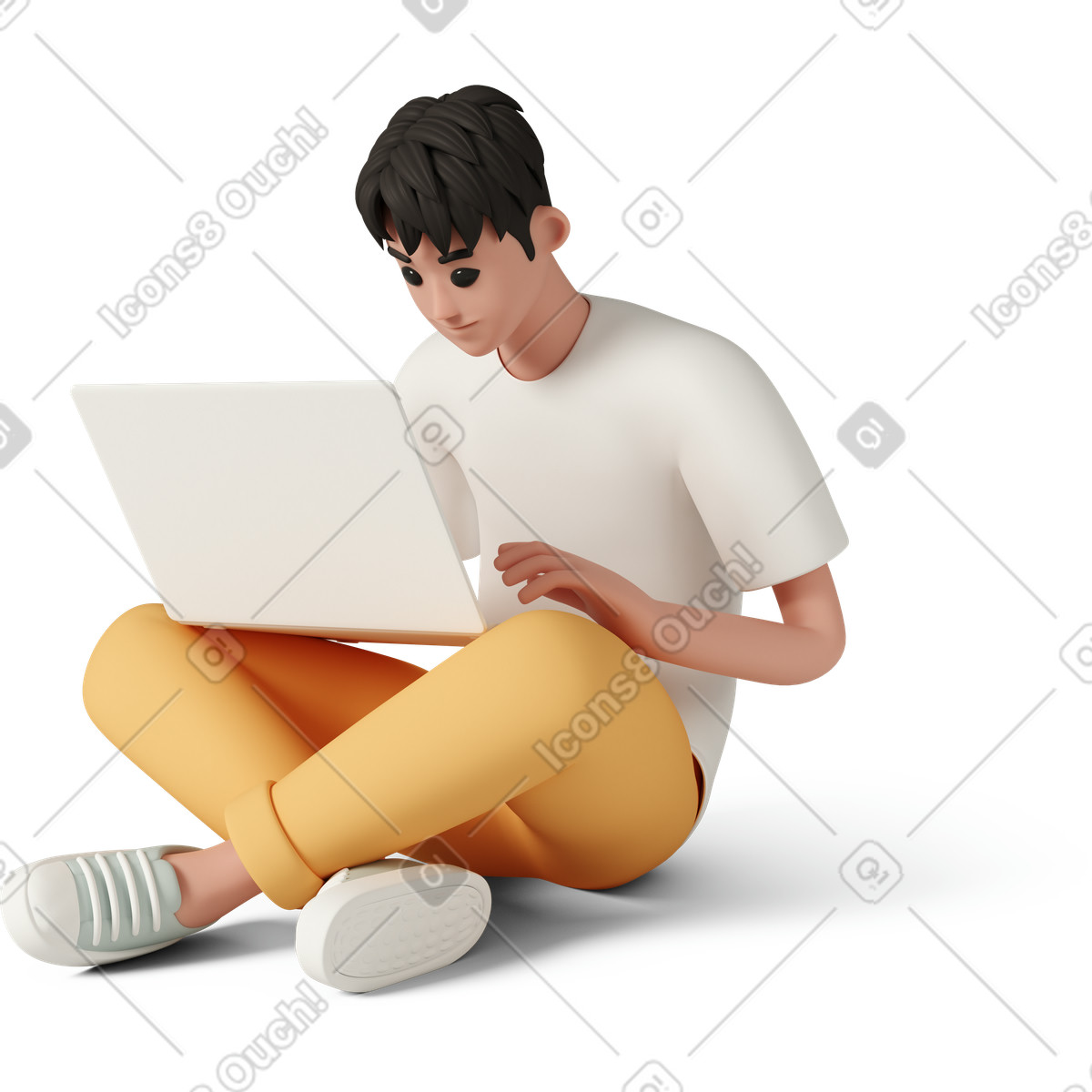 Man sitting cross-legged and working on laptop-Illustration im 3D Casual life-Stil als Download in PNG, SVG