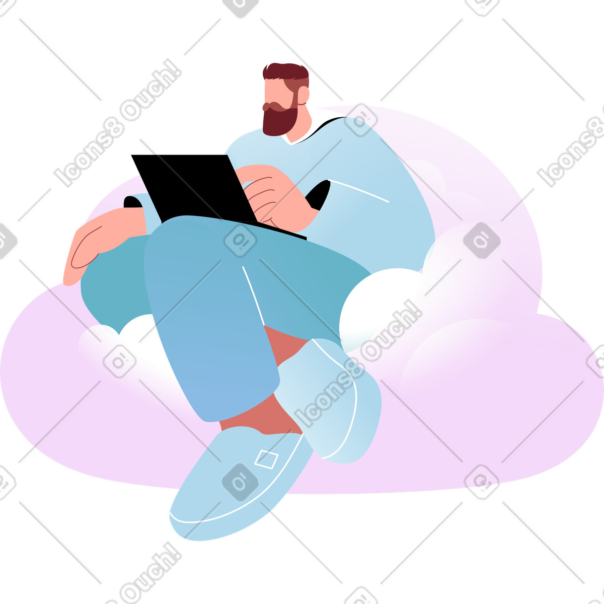 Airy スタイルの ラップトップを持って雲の上に座っている男性 のイラストをPNG、SVG形式でダウンロード