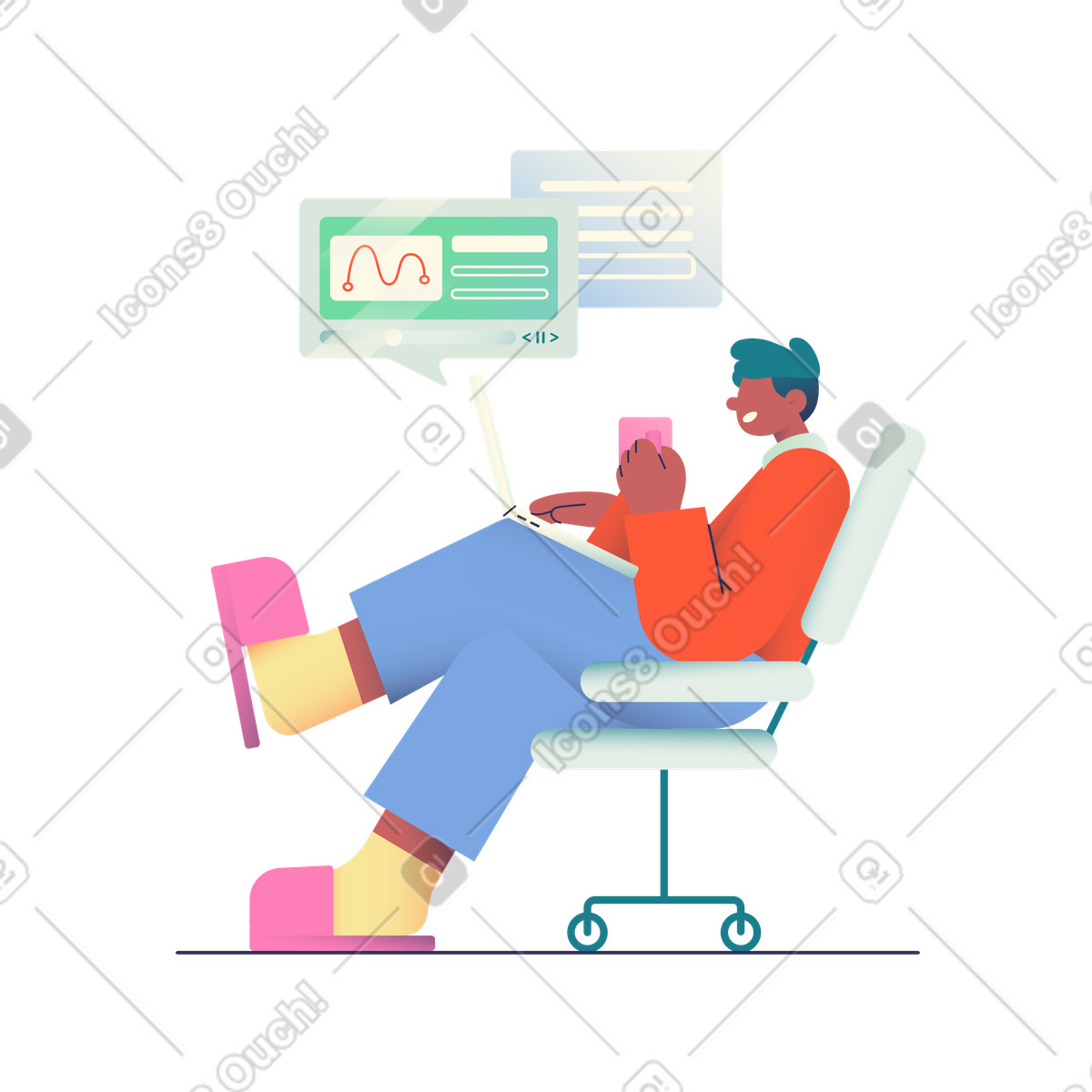 Relaxed freelancer with laptop on chair, Remote work lifestyle illustration in PNG, SVG
