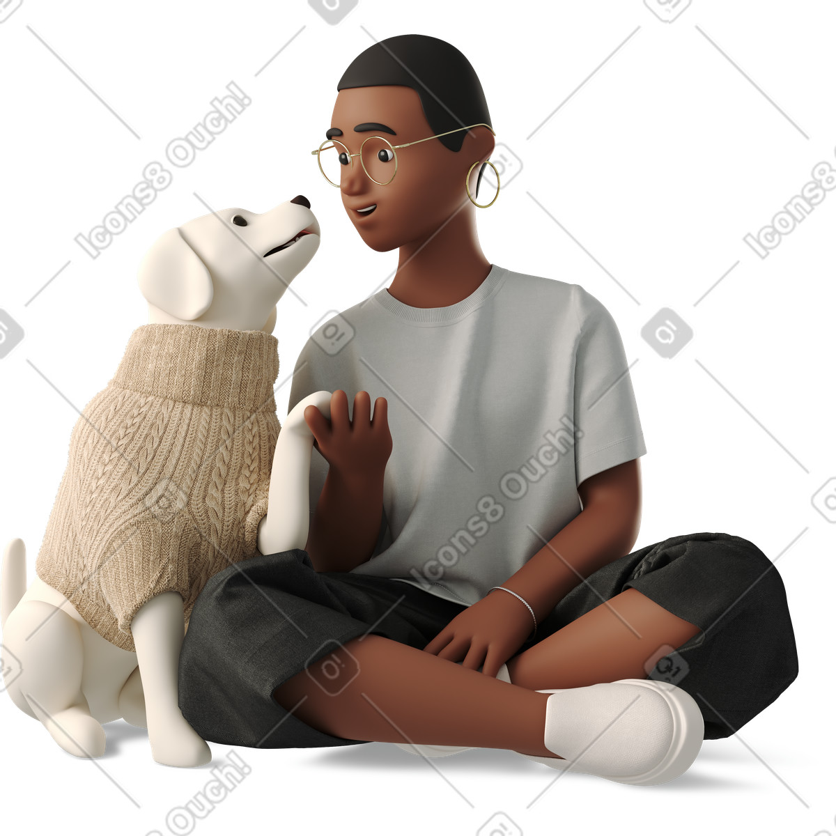 Illustration Jeune femme assise sur le sol avec un chien en pull dans style 3D Business à télécharger aux formats PNG, SVG