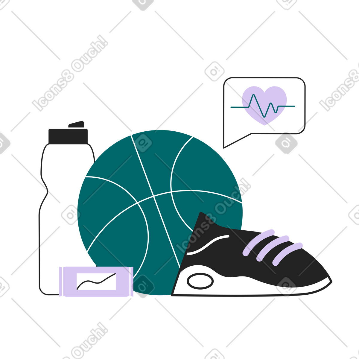 Illustration animée Ballon de basket-ball et équipement d'entraînement dans le style Sammy Line à télécharger aux formats GIF, Lottie (JSON), AE