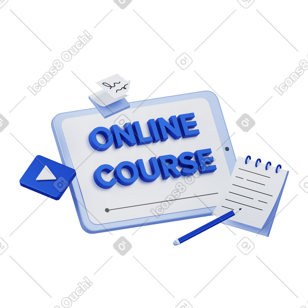 Online course text on tablet screen, Remote learning setup动态插图，格式有GIF、Lottie (JSON)、AE