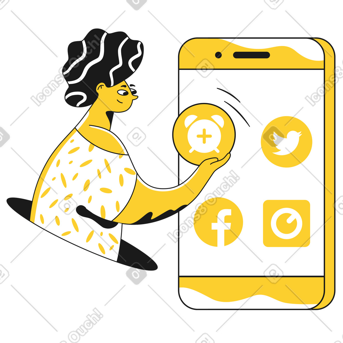 Donna che aggiunge l'app di allarme al menu del telefono illustrazione in stile Taxi scarica in PNG, SVG