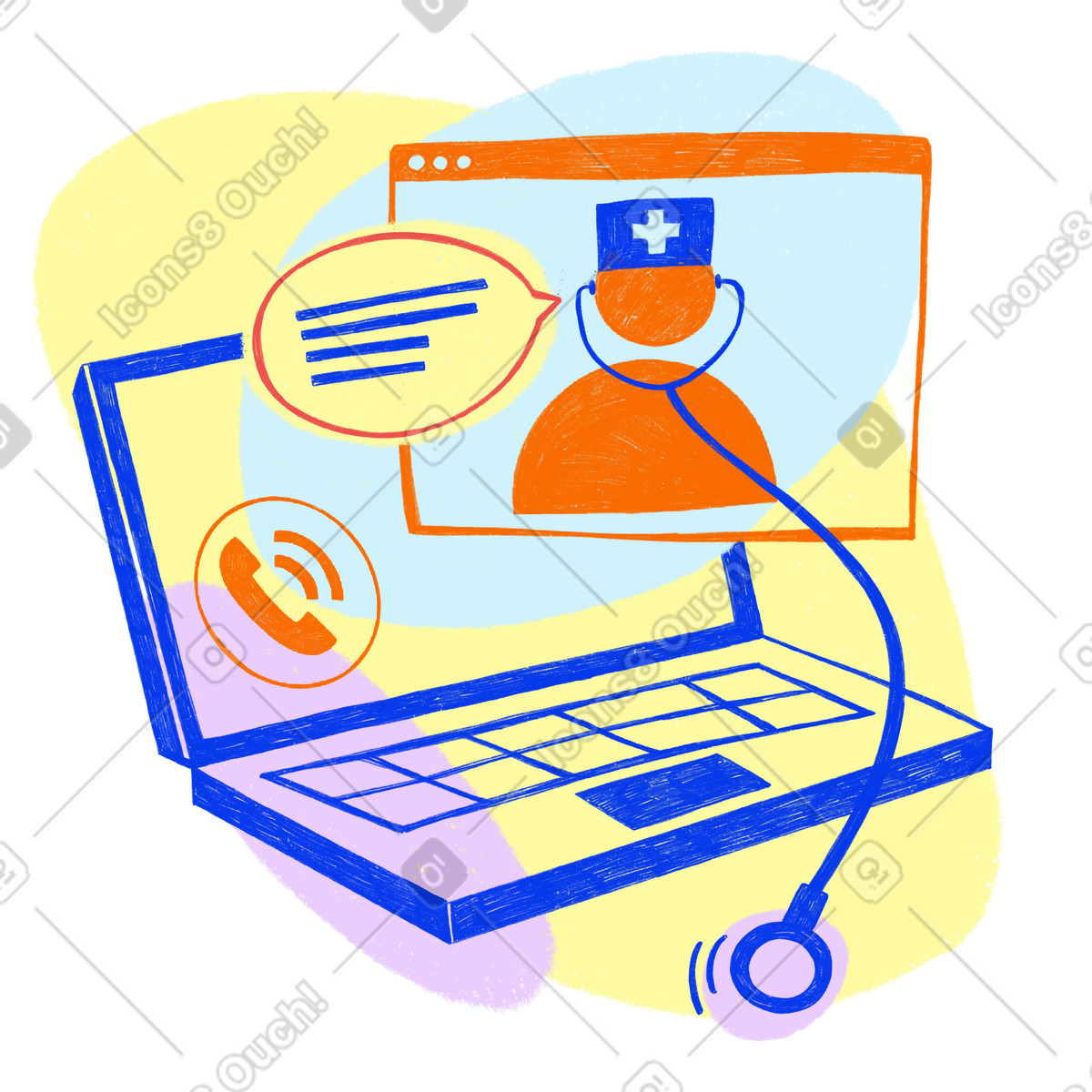 Ilustração de Blue computer and browser window with online doctor's consultation em no estilo Biro para baixar em PNG, SVG