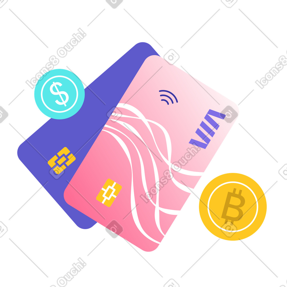 Bank cards and coins, online payment technology and digital finance illustration in PNG, SVG