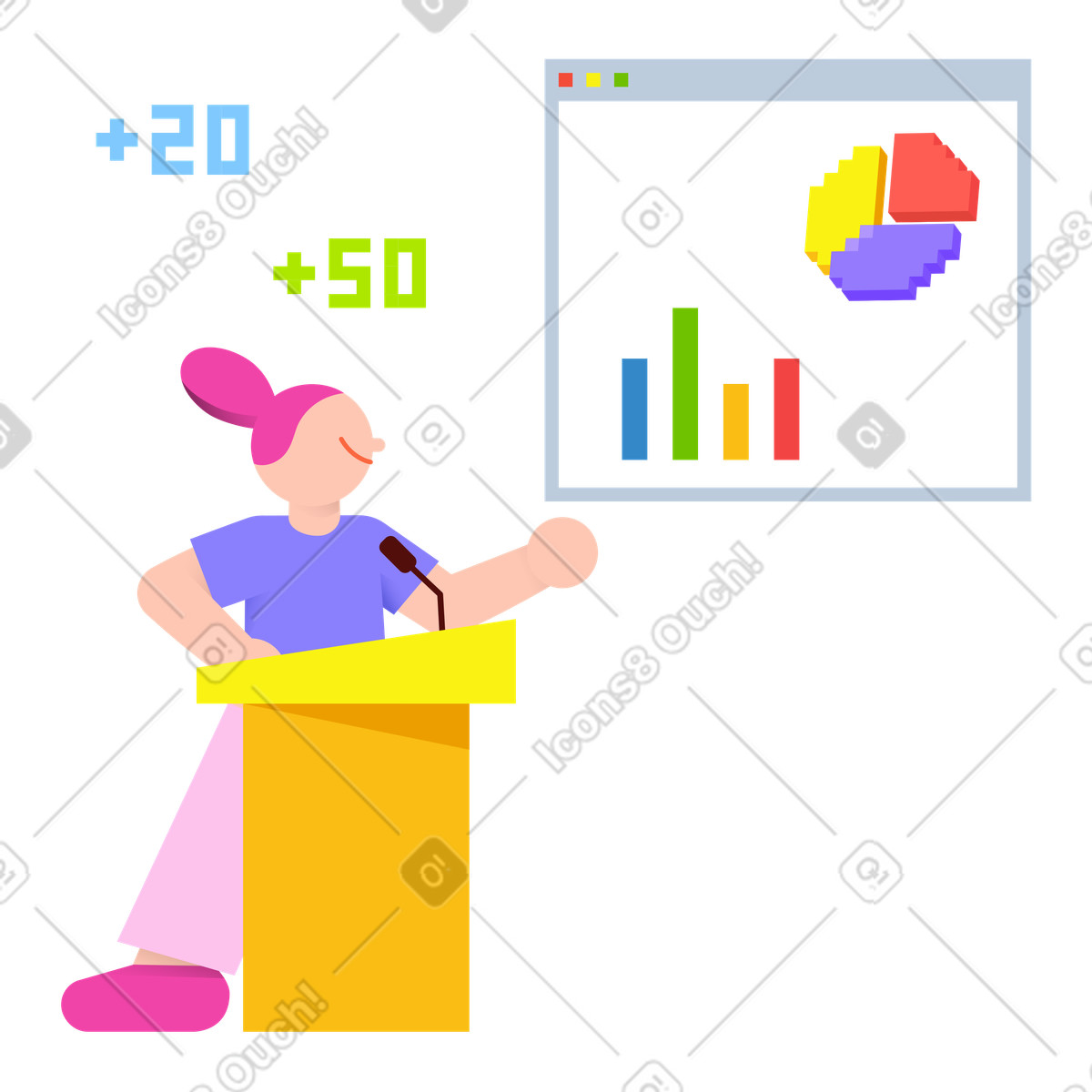 Young woman giving a presentation animated illustration in 8bit style download in GIF, Lottie (JSON), AE