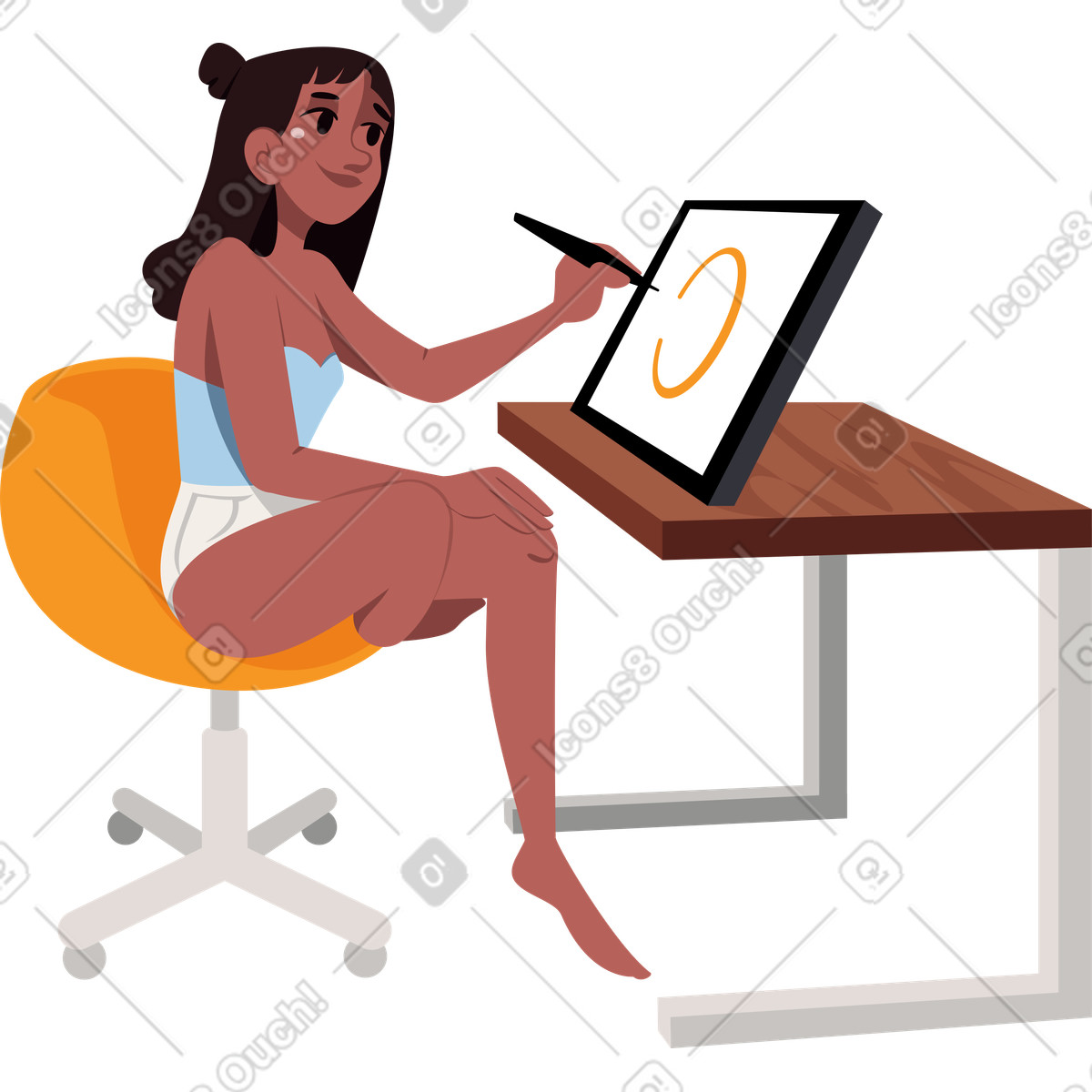 Illustration Fille designer-illustratrice travaillant à son bureau sur une tablette dans le style Vivid télécharger aux formats PNG, SVG