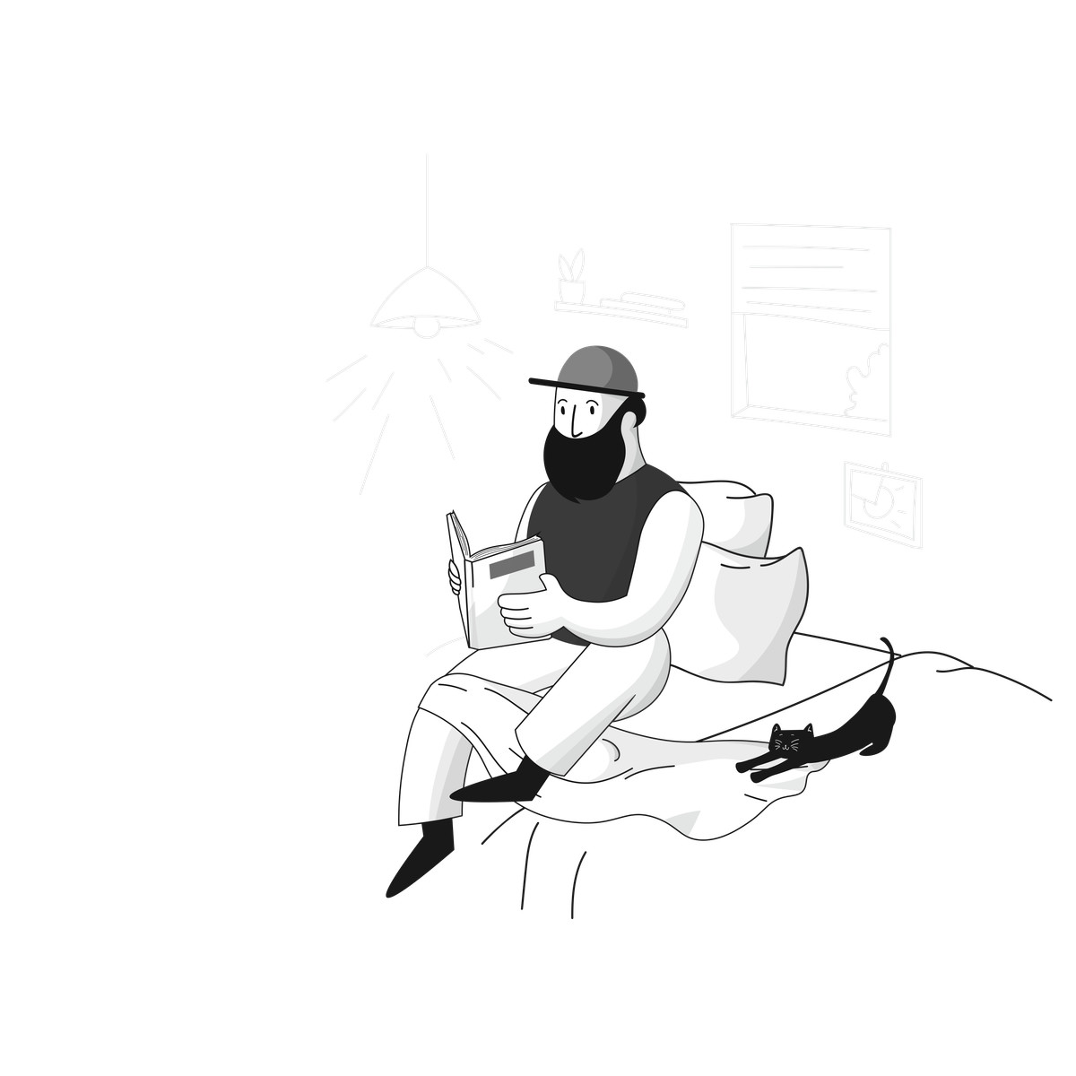 Ilustración Reading book in bed with cat, Nighttime learning or leisure en estilo Pixeltrue a descargar en PNG y SVG