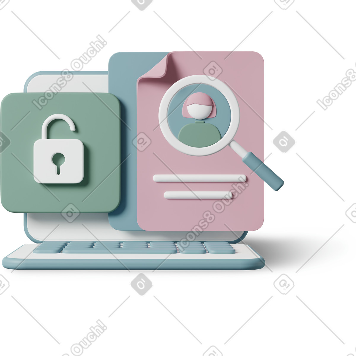 3D Casual life 스타일의 Laptop with profile document and padlock, Data privacy secure files 일러스트레이션 PNG, SVG 다운로드