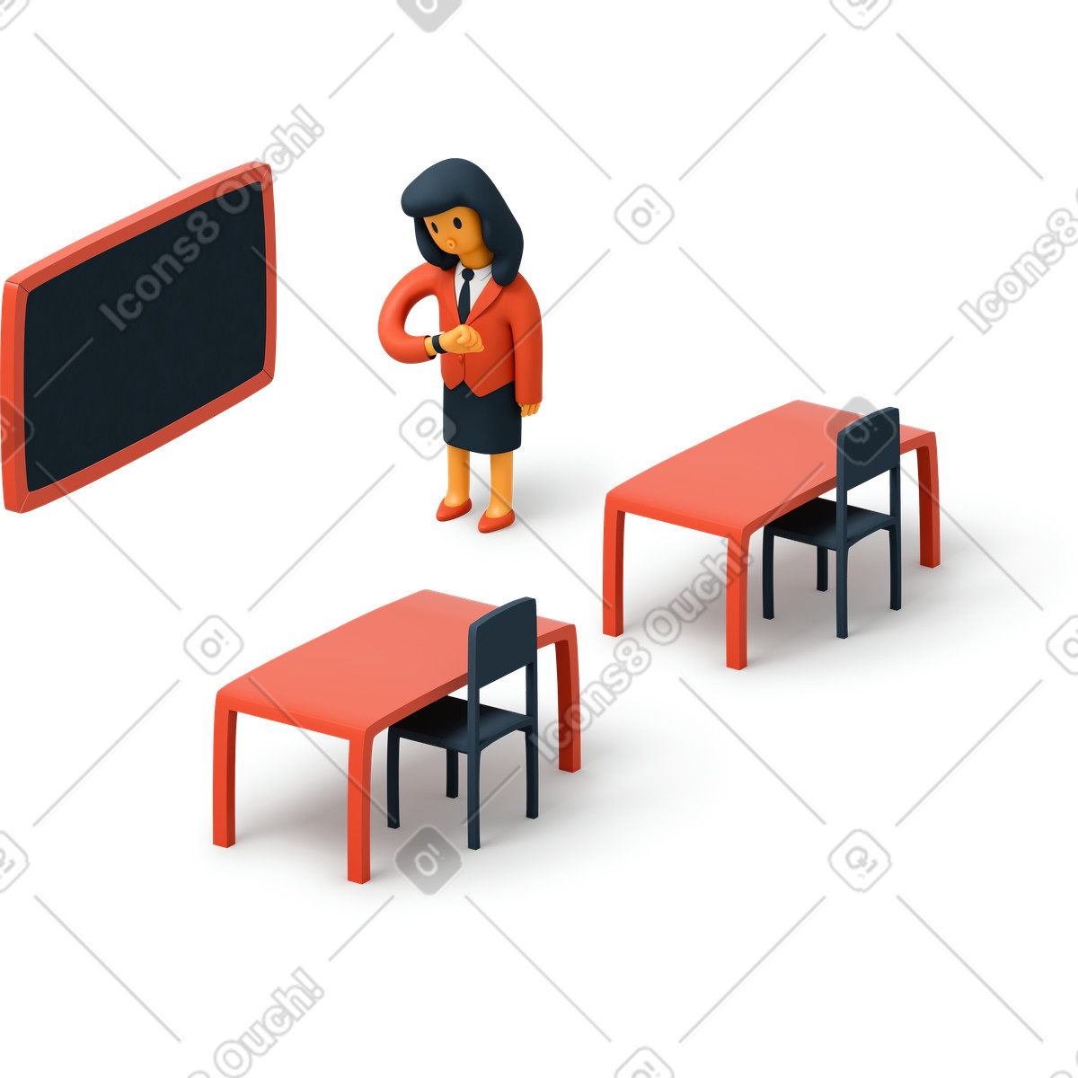 Illustration Enseignant debout dans une salle de classe vide et vérifiant sa montre-bracelet le style 3D Flame à télécharger aux formats PNG, SVG