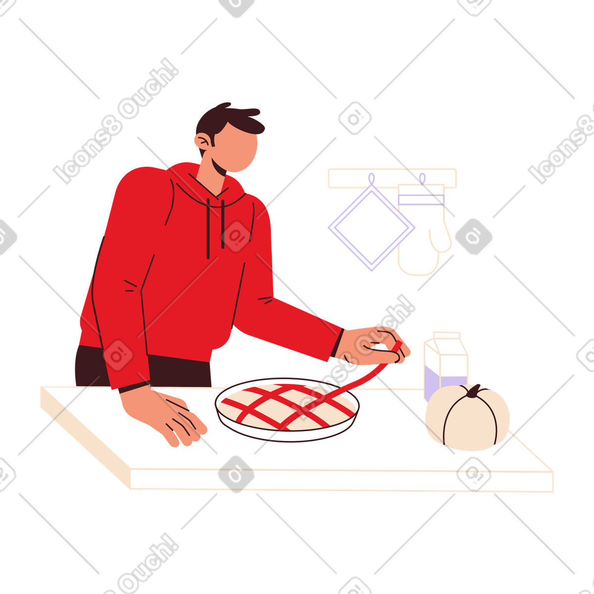 Home cook preparing pumpkin pie in kitchen, festive holiday baking illustration Folks style download PNG, SVG
