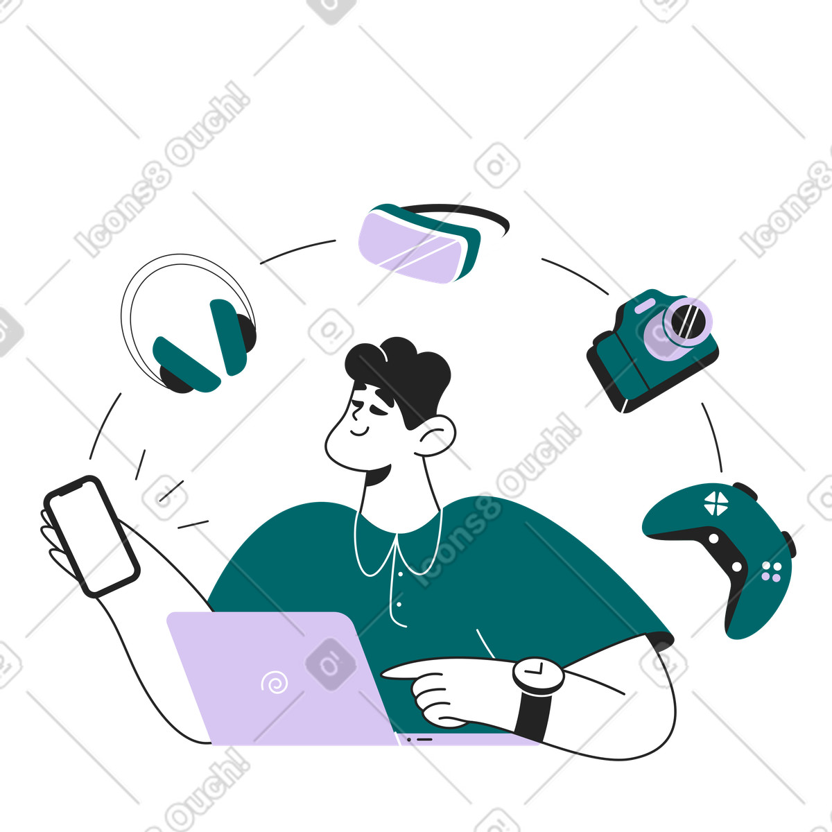 Freelancer using laptop surrounded by devices, Connected ecosystem and productivity illustration in Sammy Line style download in PNG, SVG