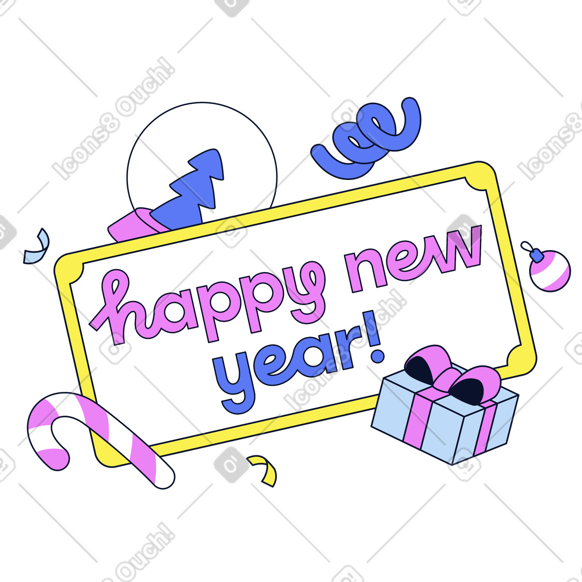 Flexy スタイルの New Year party invitation with candy cane and gift, Festive event のアニメーションイラストをGIF、Lottie (JSON)、AEでダウンロード