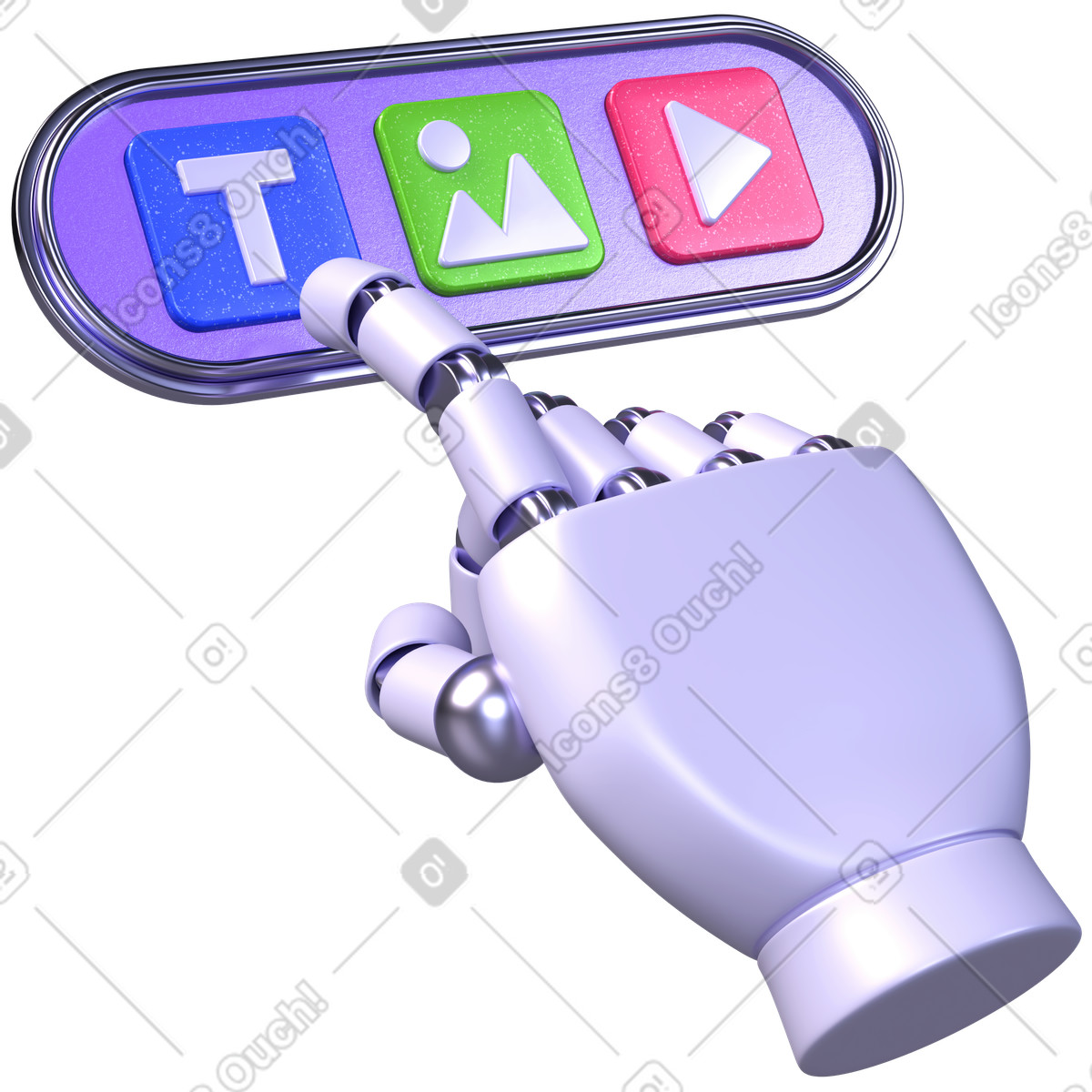 Robot hand pressing text button, automated multimedia content generation illustration in 3D Boost style download in PNG, SVG