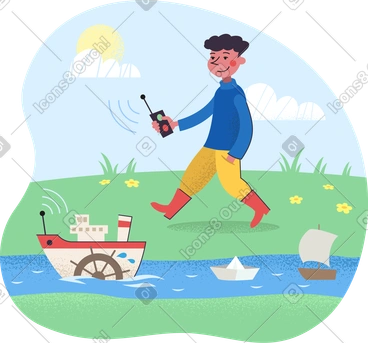 Little boy launching toy ships in a creek PNG, SVG