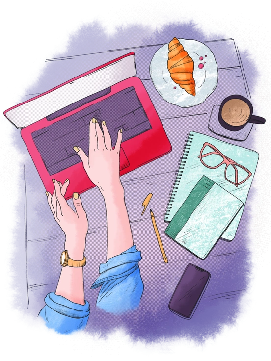 A person knitting with yarn and scissors nearby - Moments style illustration
