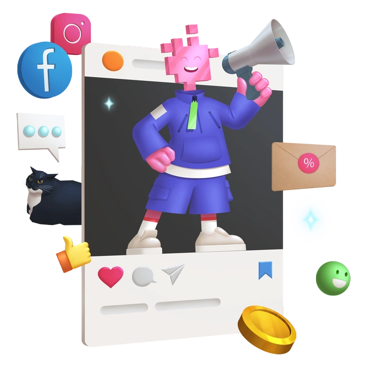 A character with a megaphone in a social media frame - Props style illustration