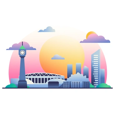 The skyline of Dortmund is visible during sunset, showcasing a range of iconic landmarks. The silhouette of a tall clock tower stands prominently against the colorful sky. Nearby, the outline of a notable football stadium can be seen, its structure defined against the warm hues of orange and pink in the background. A modern skyscraper adds contrast with its sleek lines, reaching towards the heavens. Fluffy clouds are scattered throughout the sky, reflecting shades of purple and gold, creating a vibrant atmosphere above the city.