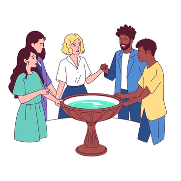 A group of five diverse individuals, including two women and three men, are standing in a circle holding hands in prayer. The first woman has long brown hair and is wearing a light teal dress, while the second woman has short blonde hair in a white blouse. One of the men has dark skin and wears a blue suit, another man is wearing a white shirt and has light brown hair, and the last man has curly hair and is dressed in a yellow shirt. In the center of the circle, there is an ornate baptismal font filled with water. The atmosphere is focused and serene, with gentle light illuminating the scene.
