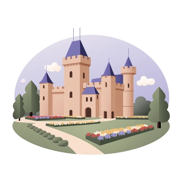 A historic castle in Dortmund stands majestically at the center of the scene. The castle is built with stone walls and features tall towers with pointed roofs. Surrounding the castle, there are lush gardens filled with vibrant green grass and colorful flower beds. Various types of flowers in shades of red, yellow, and purple are blooming throughout the garden. In the background, a clear blue sky stretches overhead, with a few fluffy white clouds scattered across it. The sunlight casts gentle shadows from the castle onto the garden, enhancing the overall beauty of the landscape.