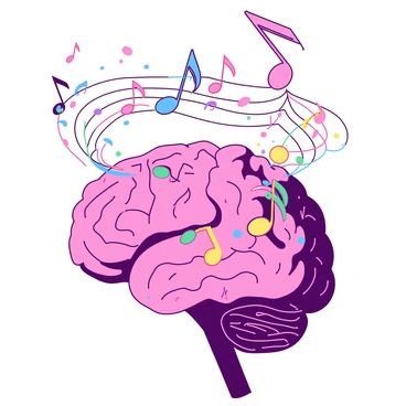 Musical notes flowing out of a brain like a symphony