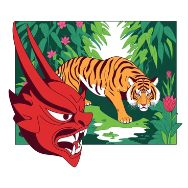 A vibrant red hannya mask with intricate details is positioned prominently in the foreground. Its fierce expression and elongated horns are striking against the backdrop. In the background, a majestic orange tiger prowls through the lush jungle, its fur gleaming. The tiger is framed by tall green foliage and vibrant tropical flowers, adding depth to the scene. Sunlight filters through the leaves, casting dappled shadows on the ground. The atmosphere is tense as the hannya mask and the tiger seem to face each other, embodying a dynamic confrontation between the two powerful symbols.