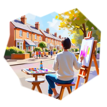 An illustrator with medium skin and dark hair is sitting at an easel, focused on their canvas. They are dressed casually in a sweater and jeans. Surrounding them is a picturesque suburban London neighborhood, featuring rows of charming brick houses with well-tended gardens. The scene includes lush green trees lining the streets and blooming flowers in the gardens. A quaint park is visible in the background, where children are playing and people are walking dogs. The illustrator is carefully painting the vibrant colors and details of the neighborhood, capturing its unique charm.