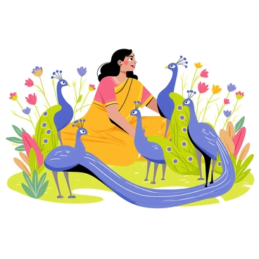 An Indian girl with long black hair is sitting in a vibrant garden filled with colorful flowers. She is wearing a bright traditional outfit with intricate patterns. In the foreground, several peacocks are displaying their feathers, fully fanned out in brilliant shades of blue and green. The garden has lush green grass and an array of blooming plants surrounding the girl. The peacocks are gracefully positioned around her, showcasing their colorful plumage. The girl is gazing at the peacocks with a smile, captivated by their beauty.