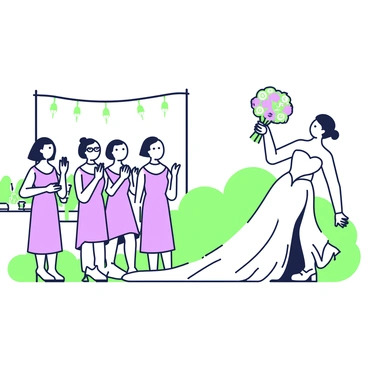 A bride wearing a white wedding gown is standing in a garden setting, preparing to toss her bouquet. She has her hair styled elegantly and is looking back at a group of excited bridesmaids positioned a few feet away. The bridesmaids are dressed in matching pastel-colored dresses and have cheerful expressions, with their hands raised in anticipation. The bouquet is a vibrant arrangement of flowers, and the bride is captured in motion as she releases it into the air. In the background, there are decorative elements of the wedding reception, such as tables set with elegant tableware and string lights overhead.