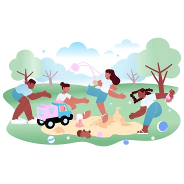 A group of children from diverse backgrounds is playing together in a neighborhood park. One child is sharing a colorful toy truck, while another is building a sandcastle nearby. A girl with braids is holding a jump rope, inviting her friends to join in. There are various toys scattered around, including a ball and a teddy bear. The scene is filled with vibrant colors, including green grass, multicolored clothing, and a bright blue sky. Trees are lining the background, adding to the lively atmosphere of friendship and unity.