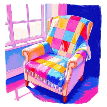 A vibrant throw blanket is spread out on a cozy chair. The blanket features a patchwork design composed of colorful squares in various shades, including red, blue, yellow, and green. Each square is stitched together with intricate detailing, creating a warm and inviting texture. The chair is upholstered in a neutral fabric, contrasting beautifully with the blanket's vivid colors. Sunlight filters through a nearby window, casting soft shadows on the blanket.