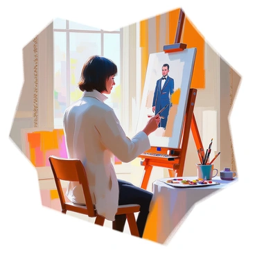 A Georgian-era artist with shoulder-length dark hair is focused on painting a formal portrait. The artist is dressed in period-appropriate attire, featuring a tailored coat and waistcoat with intricate patterns. The grand salon is adorned with ornate wallpaper and elegant furnishings. In the background, large windows let in soft natural light, illuminating the artist’s easel and canvas. The portrait being painted depicts a distinguished figure dressed in formal attire, standing with a composed expression. Various art supplies, including brushes and a palette, are arranged on a nearby table.