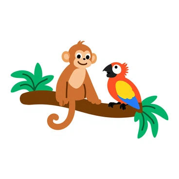 A playful monkey with a light brown fur texture is sitting on a thick tropical branch. The monkey has a curious expression, with its big eyes sparkling. Next to the monkey, a colorful parrot is perched, showcasing bright red, yellow, and blue feathers. The branch is surrounded by vibrant green leaves, creating a lively tropical atmosphere. The parrot tilts its head slightly, as if engaging in a friendly conversation with the monkey.