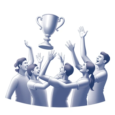 A shiny trophy held high in the air, glinting in the light. The trophy features a detailed design with intricate engravings and a gleaming finish. Surrounding the trophy are several teammates, displaying expressions of joy and excitement. Some team members have their hands raised in celebration, while others are embracing each other. The scene conveys a sense of triumph, with smiles and cheers from the group as they gather around the winner.