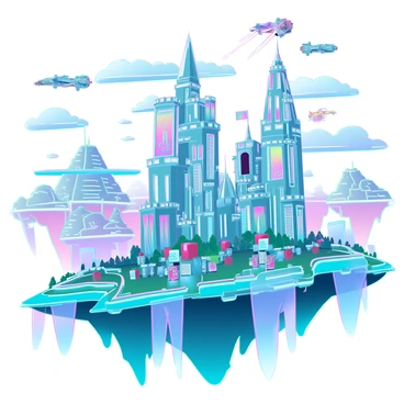 An elaborate world featuring floating islands, each with unique shapes and vibrant colors. The islands are interconnected by glowing energy bridges that pulsate with light. In the foreground, a futuristic castle made of sleek metal and glass towers over the landscape, adorned with neon elements and holographic displays. Surrounding the castle are lush, fantastical gardens with bioluminescent plants. The sky above is a swirl of colors, with digital clouds and distant spaceships flying in the background. Brightly colored banners flutter from the castle, and small creatures with mechanical wings dart around, creating a lively atmosphere.