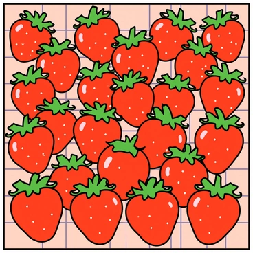 A large mosaic artwork composed of numerous small tiles, each shaped like ripe strawberries. The strawberries are depicted in vibrant shades of red, with green leaves at the top. The tiles are arranged meticulously to form a larger image, showcasing a delightful strawberry pattern that draws the eye. The background consists of subtle, lighter tiles that emphasize the striking red strawberries. The artwork's edges are outlined in a darker tile to create a defined border. Each strawberry tile has a glossy finish, adding a playful touch to the overall composition.