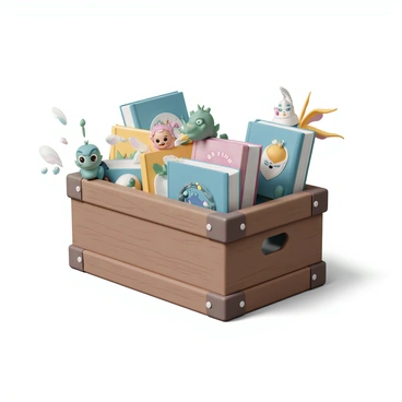 An illustration box overflowing with storybooks, each with a different cover design and character peeking out.