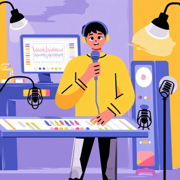 An artist with a focused expression is standing in a high-tech recording studio. The artist has headphones over their ears and is holding a microphone in front of their mouth. Surrounding them is an array of modern sound equipment, including a large mixing console with colorful knobs and a computer screen displaying audio waveforms. There are multiple microphones on stands positioned around the room, and soundproof panels adorn the walls. Soft lighting creates a vibrant atmosphere, enhancing the energy of the recording session.