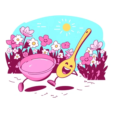 A pink dish and a yellow spoon are racing each other through a vibrant flower field. The dish has a small smiling face, while the spoon has expressive eyes and a cheerful grin. Surrounding them are various colorful flowers in shades of pink and yellow, creating a lively atmosphere. The sun is shining brightly, casting light on the scene as the dish leans forward, slightly ahead of the spoon, which is energetically pushing off the ground with its handle. The background features a clear blue sky, enhancing the joyful mood of the race.