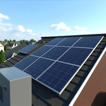 A rooftop solar panel setup featuring several rectangular solar panels arranged in a grid pattern. The panels have a dark blue surface and are mounted on a slanted roof. Nearby, there is an AC converter box, which is rectangular and metallic, with a vent on one side. The environment includes a clear blue sky in the background and a few clouds, providing an ideal setting for solar energy collection. The roof itself is made of dark gray shingles, and the surrounding area is a residential neighborhood with houses visible in the distance.