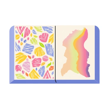 A rectangular canvas displaying a modern art piece. One half of the canvas is covered with vibrant designs created using illustration markers, showcasing bold colors and intricate patterns. The other half features a blend of soft gradients and rich hues made with alcohol markers, providing a smooth and glossy texture. The contrast between the two halves is striking, emphasizing the different techniques used in the artwork.