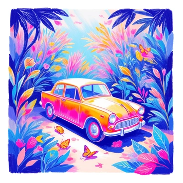 A car is parked amidst a dense jungle filled with lush green foliage. The car is shiny and reflects the vibrant colors of its surroundings. Various wildlife patterns can be seen integrated into the plants and trees, featuring intricate shapes of animals like birds and butterflies blending seamlessly with the vegetation. Sunlight filters through the canopy, casting dappled shadows on the ground around the car. The atmosphere is lively, with a sense of adventure in the air.